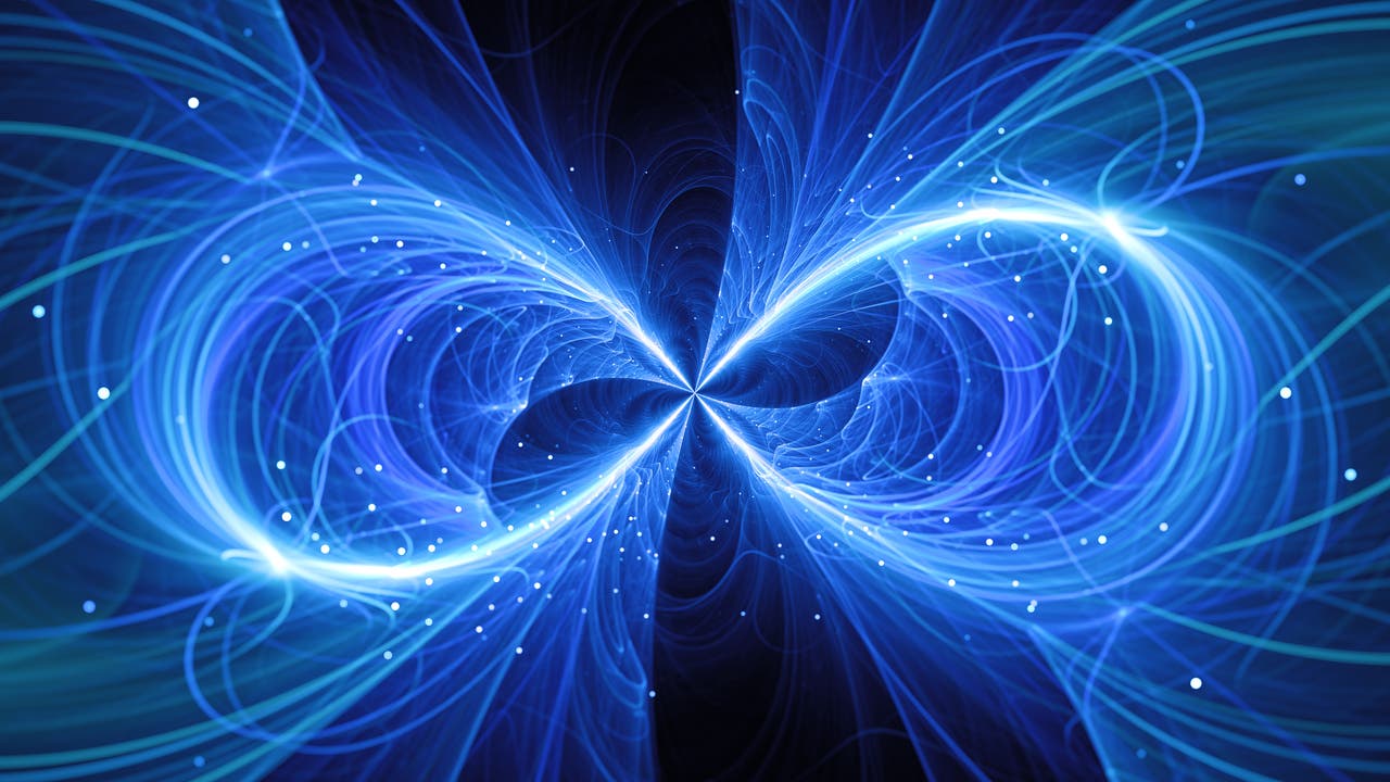 Blau leuchtendes Unendlichkeitszeichen mit Partikeln
