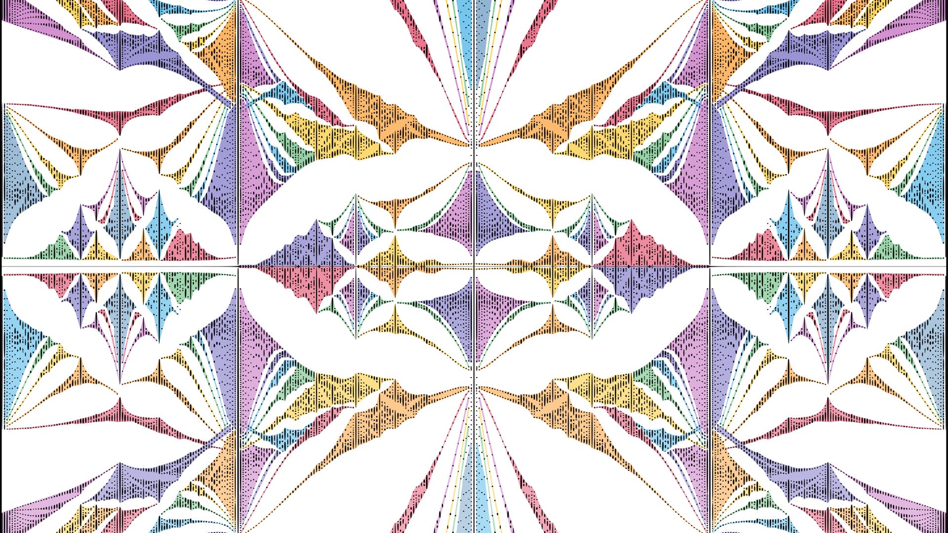 Ein symmetrisches, fraktales Muster mit komplexen, geometrischen Formen, die in verschiedenen Farben wie Blau, Grün, Gelb, Rot und Lila dargestellt sind. Die Formen erstrecken sich von einem zentralen Punkt aus und wiederholen sich in einem spiegelbildlichen Design, das an gefaltete Flügel oder Fächer erinnert.