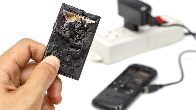 Ein explodierter Handyakku vor der Ladestation.